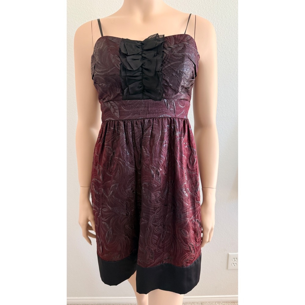 BCBG Paris Brocade Ruffle Cocktail Dress Sz 4 Burgundy Black